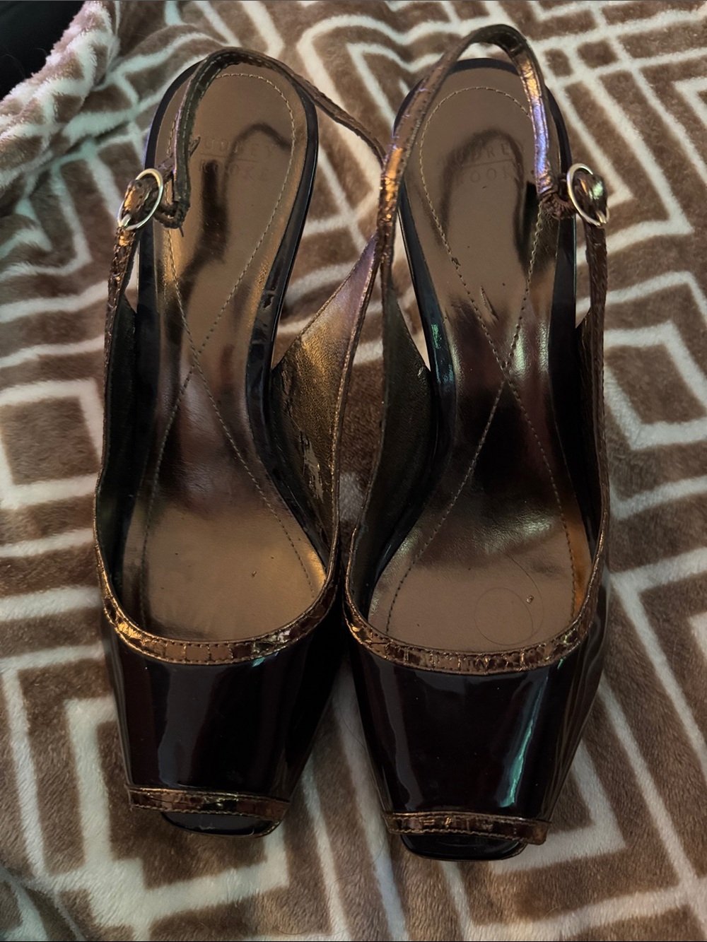 Audrey Brooke Brown Patent Peep-Toe Slingback Heels